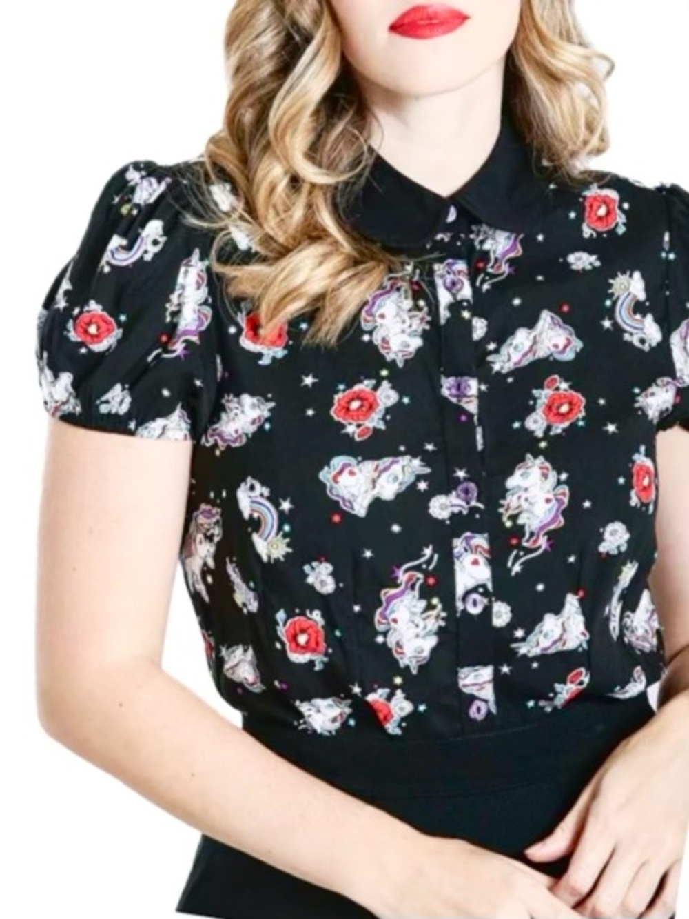Hell Bunny black whimsical unicorn print blouse